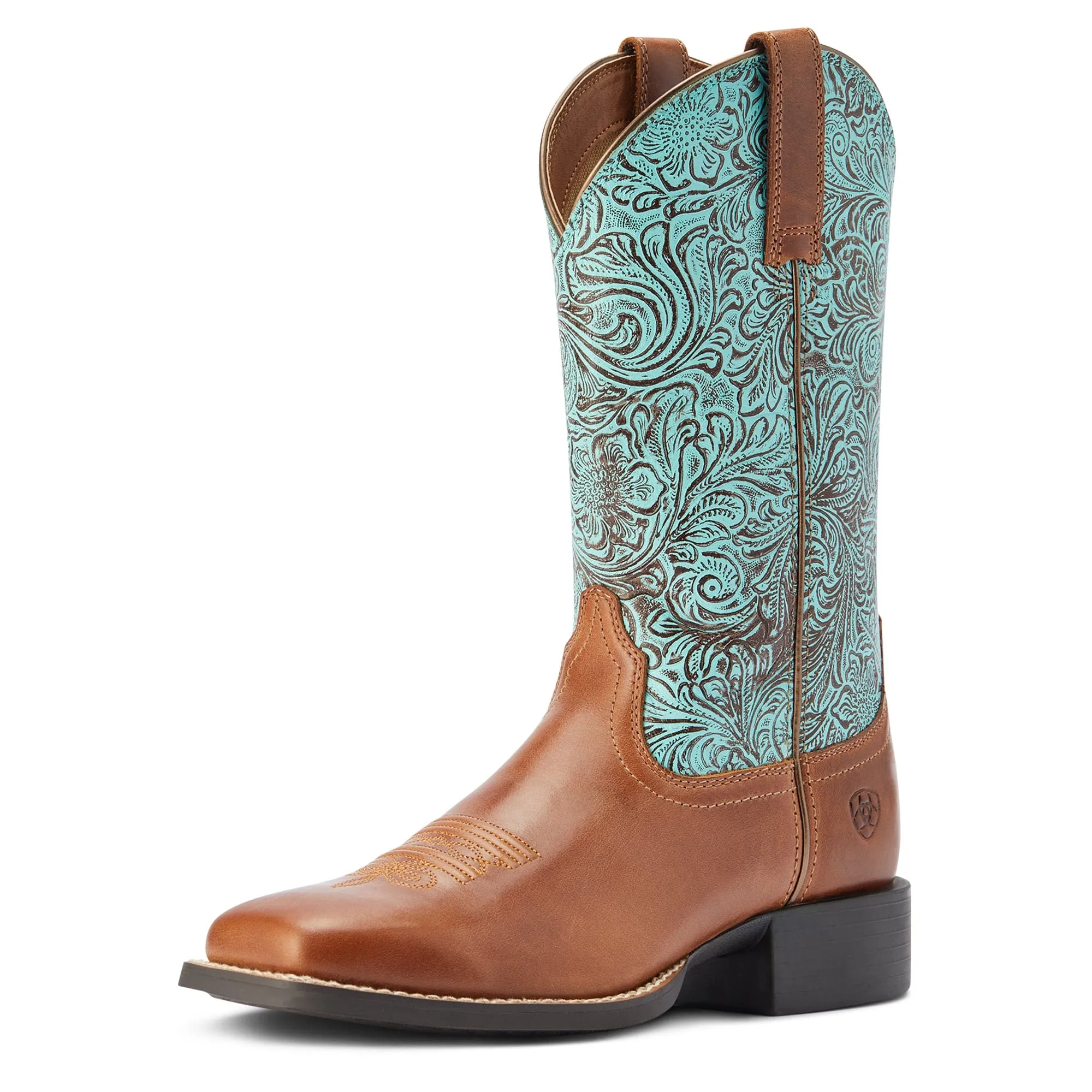 Ariat Boots Womens Round Up Wide Square Toe Beduino Brown/ Turquoise Floral Emboss